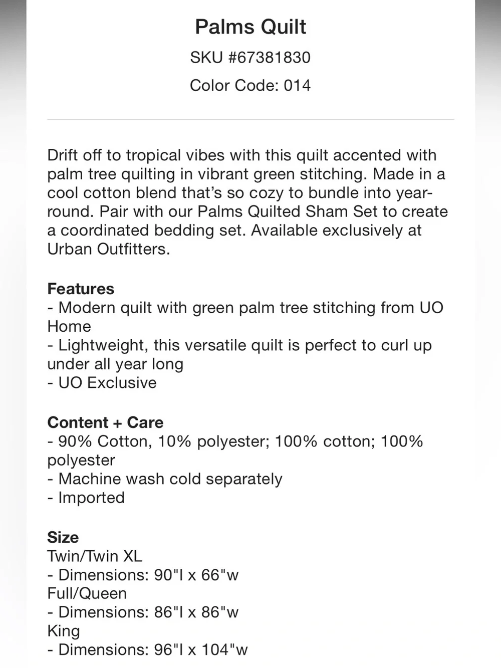 Urban Outfitters Palms Quilt & Shams